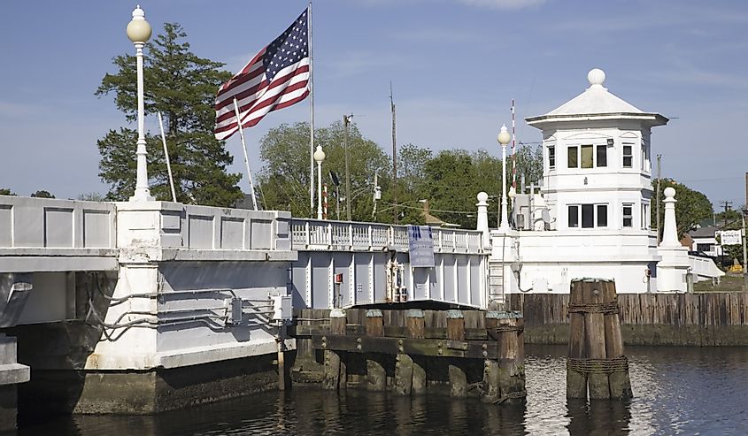 American Flag flying over white bridge in Pocomoke City, the Eastern Shore of Maryland