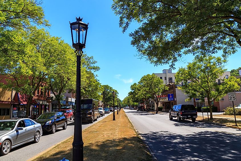 The downtown streets of Wellsboro still illuminated with authentic gas street lamp