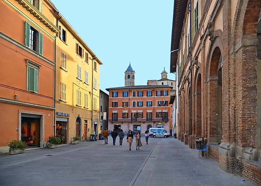 Main square Piazza Matteoti in old historic alley in the medieval town Citta di Castello.