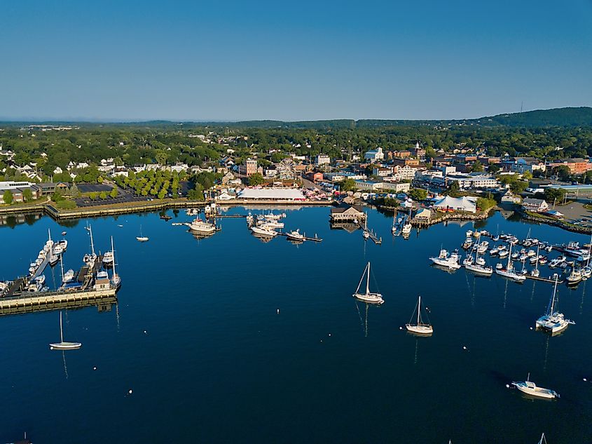 Aerial drone image Rockland Harbor in Maine on a peaceful calm morning