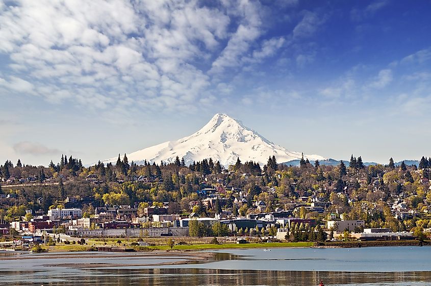 The Columbia River, the city of Hood River, Oregon, and Mount Hood.