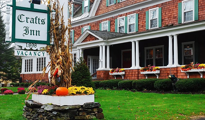 Natural autumn decorations adorn a country inn in Wilmington Vermont.