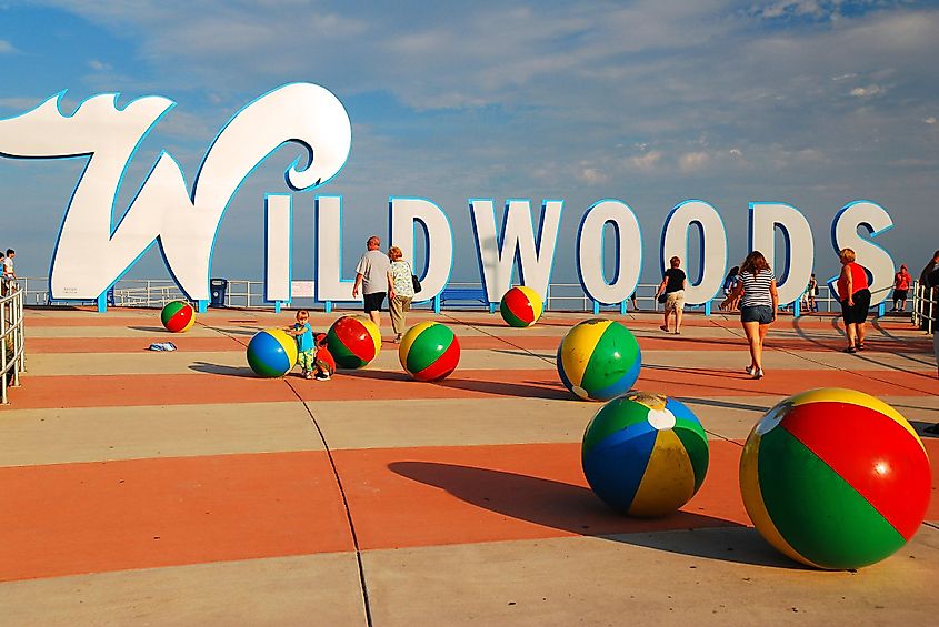 The Wildwoods sign along the beach. 