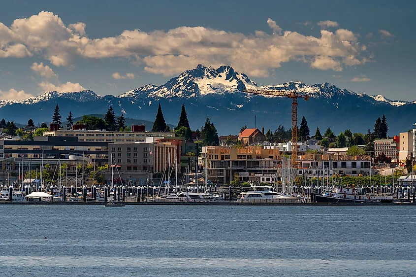 The Bremerton, Washington waterfront with the Olympic Mountains behind it