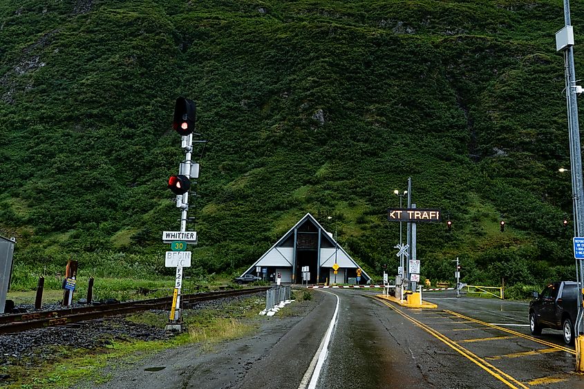 Anton Anderson Memorial Tunnel entrance on the Whittier side in Alaska.
