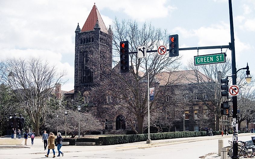 Corner of Green Street in Campustown of University of Illinois at Urbana-Champaign on Spring Break