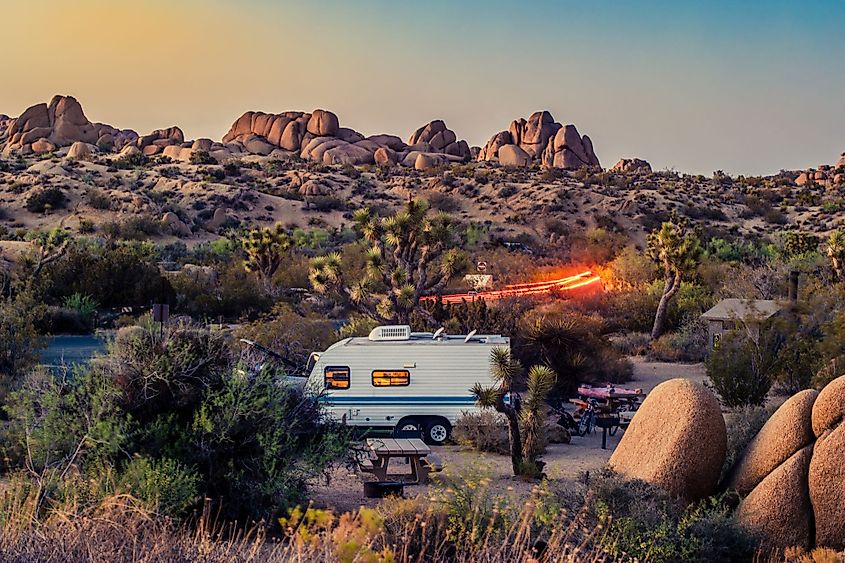 A campground at Joshua Tree National Park during sunset