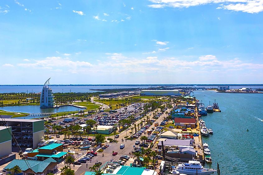 Cape Canaveral, USA. The arial view of port Canaveral from cruise ship, docked in Port Canaveral, Brevard County, Florida