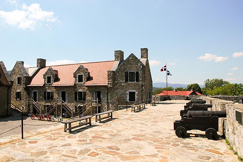 Fort Ticonderoga, Fort headquarters, stone walls, and cannon.