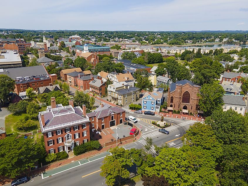 Aerial view of Salem historic city center including Salem Witch Museum and Andrew Safford House in city of Salem, Massachusetts