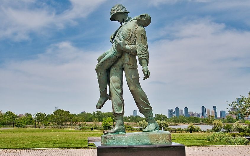 The Liberation Monument is a bronze memorial in Liberty State Park, shows an American soldier and a Holocaust survivor.
