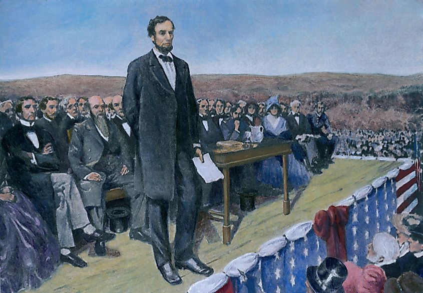 Abraham Lincoln (1809-1865) delivering the Gettysburg Address at the dedication ceremonies at the Soldiers' National cemetery.