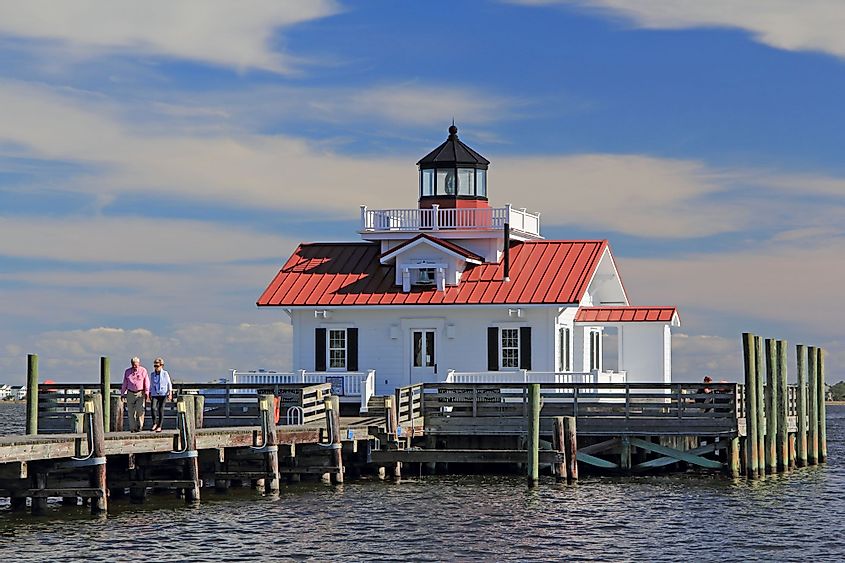 The Roanoke Marshes Lighthouse is the most prominent landmark in Manteo, North Carolina