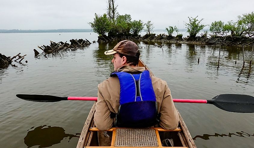 A young man canoeing through the ghost fleet of Mallows Bay