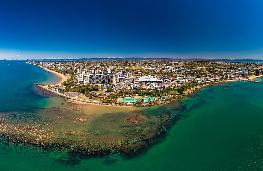 Aerial drone view of Settlement Cove Lagoon, Redcliffe, Brisbane, Australia.