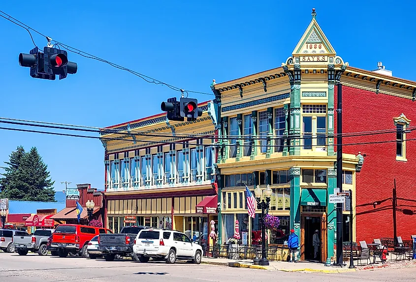 Colorful restored storefronts along Broadway Street in Philipsburg, Montana.
