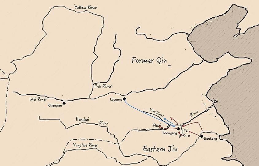The map showing the situation of Battle of Fei River