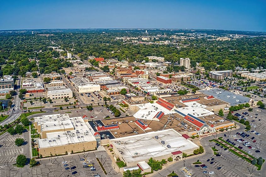 Aerial view of the college town of Manhattan, Kansas in summer