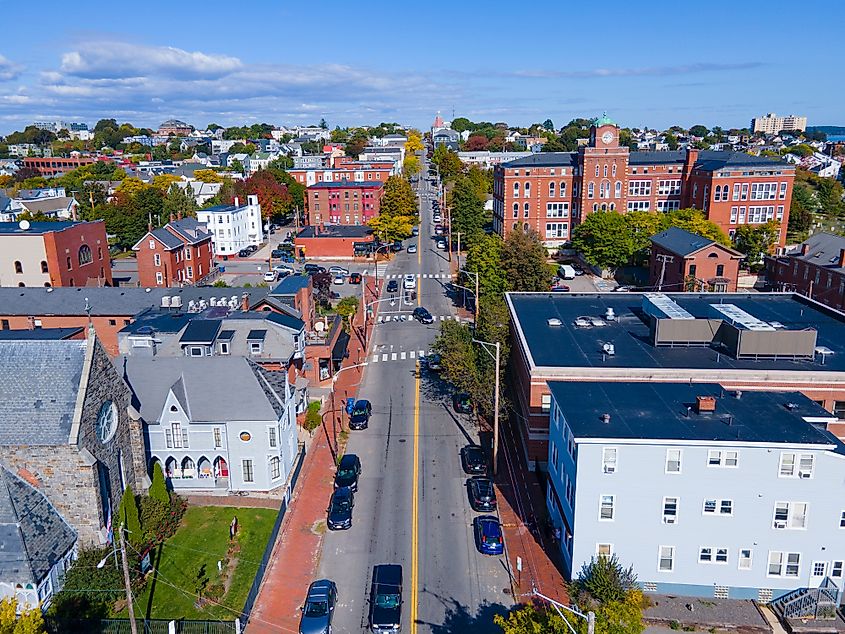 Aerial view of Munjoy Hill historic district on Congress Street from downtown Portland, Maine ME, USA.