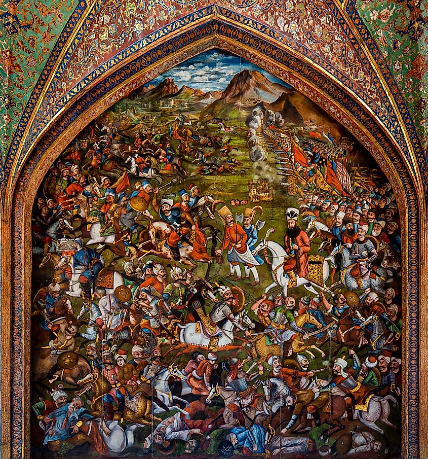 Painting of Battle of Chaldiran at the central audience hall of Chehel Sotoun Palace in Iran.