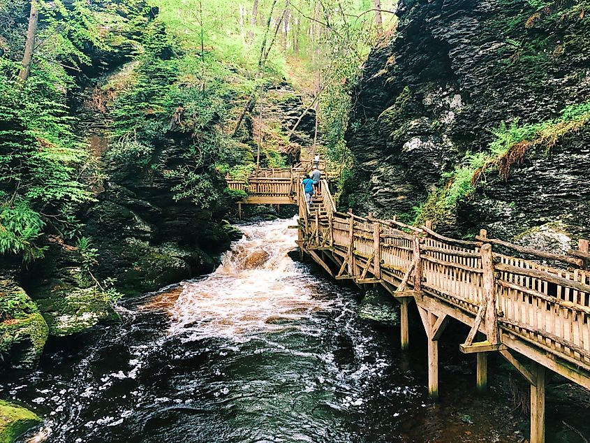 The boardwalk and stairs through Bushkill Falls, Pennsylvania
