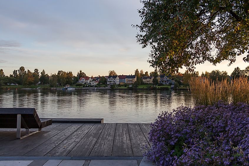 Typical Swedish houses on the waterfront next to the Umeälven River