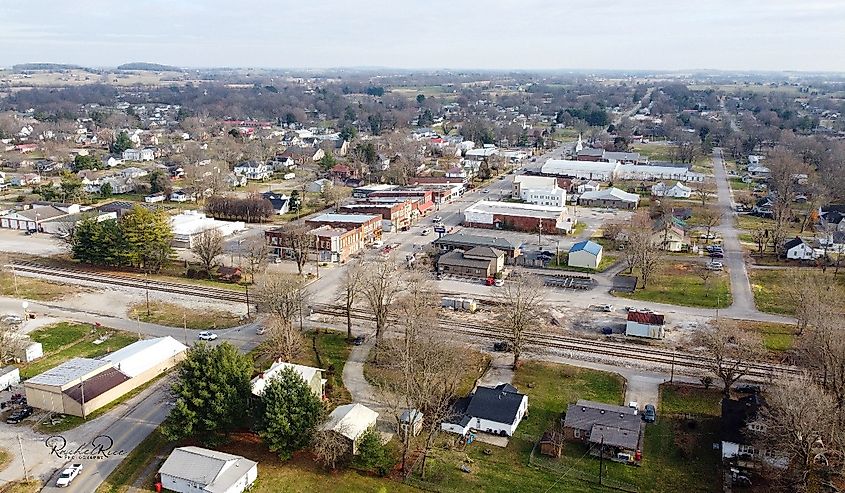 Aerial view of small town Cave City, Kentucky