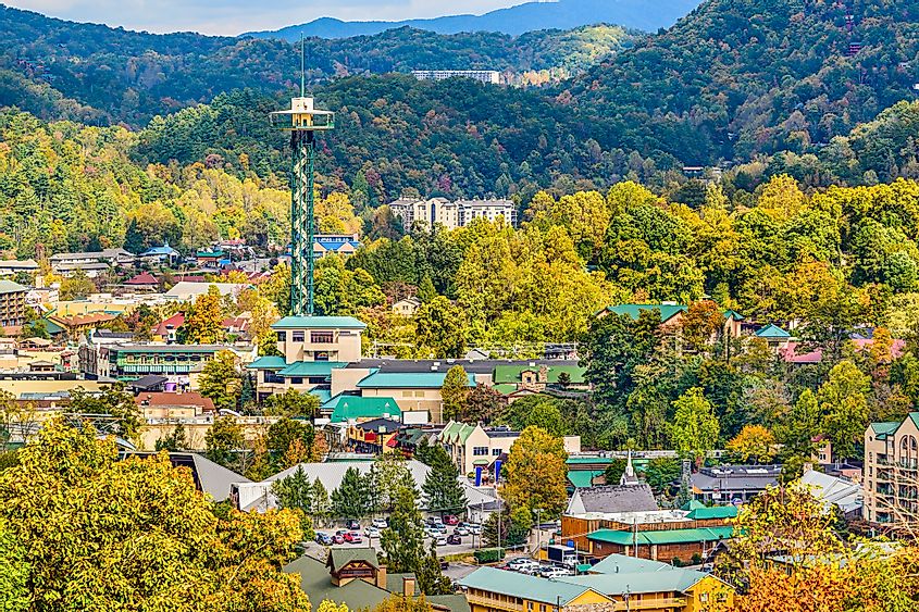 Gatlinburg, Tennessee, USA townscape in the Smoky Mountains.