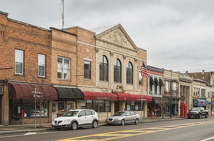 Franklin Street in Watkins Glen with brick buildings and local shops.
