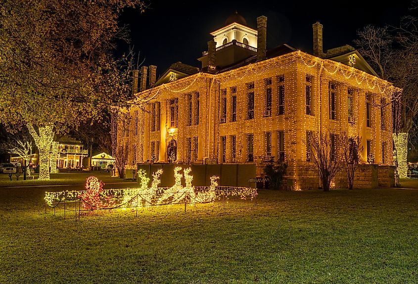 Holiday lights decorate the courthouse in Johnson City, Texas.