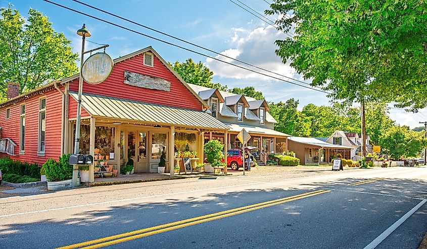A row of businesses along the historic Main Street of 19th century Leiper’s Fork, near Franklin Tennessee.