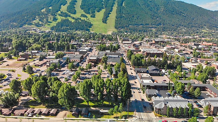 Panoramic aerial view of Jackson Hole homes and beautiful mountains on a summer morning, Wyoming