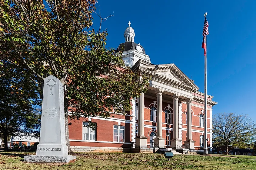 Meriwether County Courthouse with the Meriwether Veterans Memorial in Greenville, Georgia.