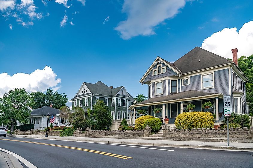 Traditional houses along a street in Berlin, Maryland.