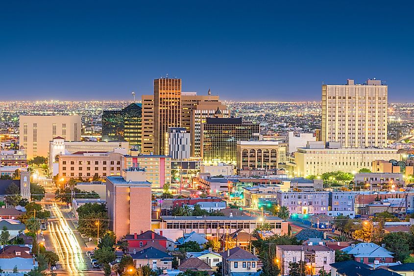 El Paso, Texas, USA downtown city skyline at dusk with Juarez, Mexico in the distance.