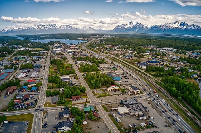 Aerial View of Downtown Wasilla, Alaska during the Summer.