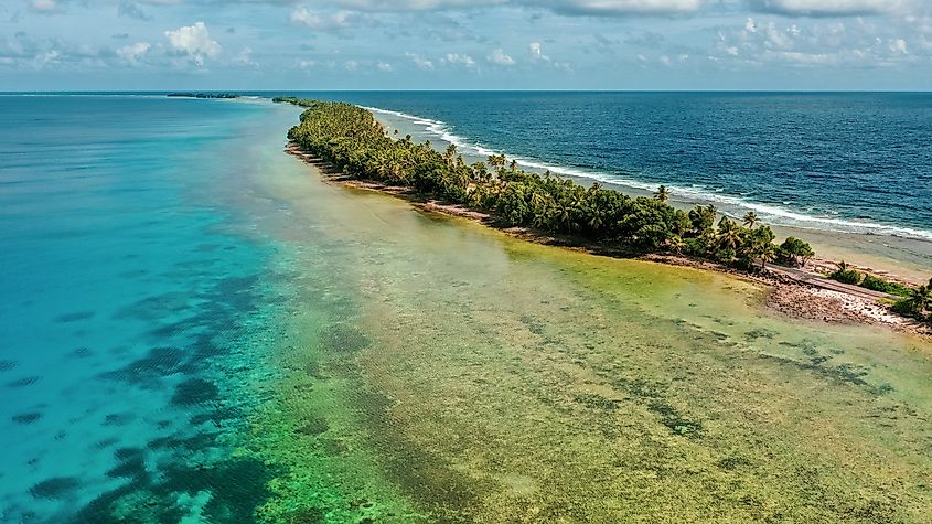 Aerial view of the island of Tuvalu located in the Pacific Ocean.