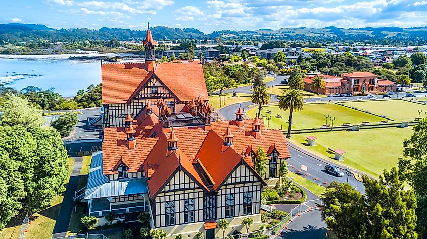 Aerial view of the Rotorua Museum in Rotorua, New Zealand.