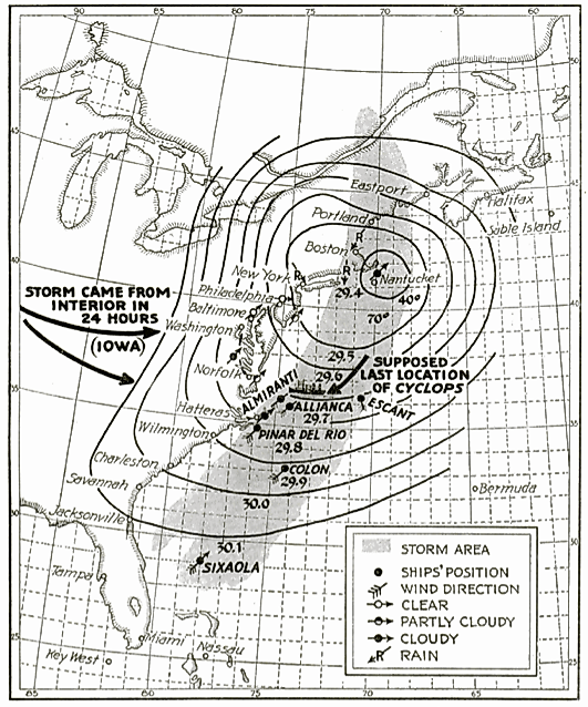 A  map prepared by the U.S. Weather Bureau and published in the June 1929 issue of Popular Science Monthly, showing weather conditions at the time the Cyclops was lost.