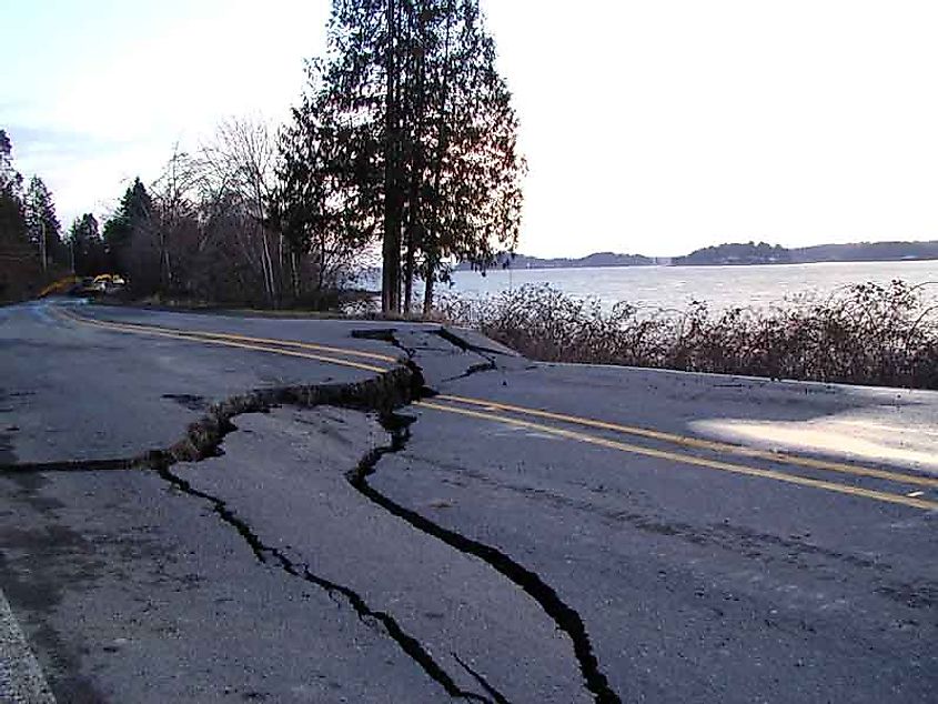 A section of Washington State Route 302 near Allyn, Washington, showing damage from the 2001 Nisqually earthquake.