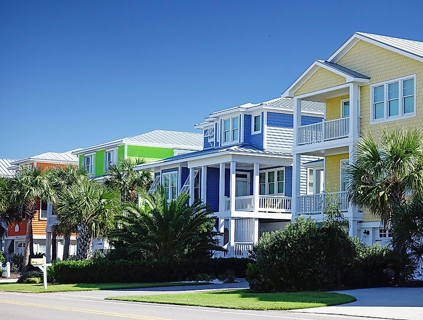 Bright pastel color houses in Carolina Beach, North Carolina