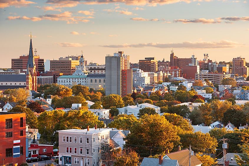 Portland, Maine downtown city skyline at dusk