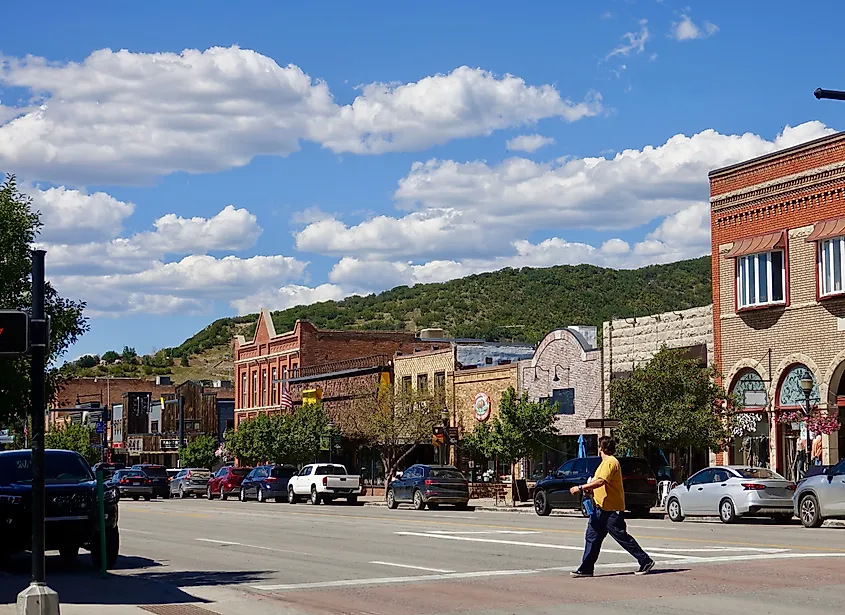 Beautiful brick buildings in downtown Steamboat Springs, Colorado.