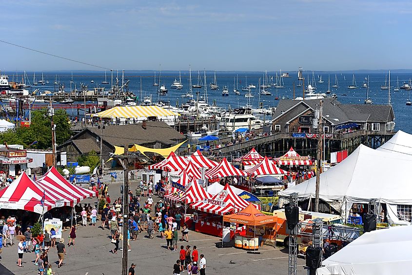 Aerial view of Rockland Harbor during Rockland Lobster Festival in summer, Rockland, Maine.