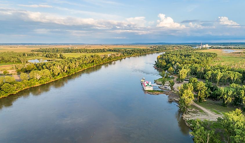 Aerial view of the Missouri River downstream of Brownville, Nebraska. 