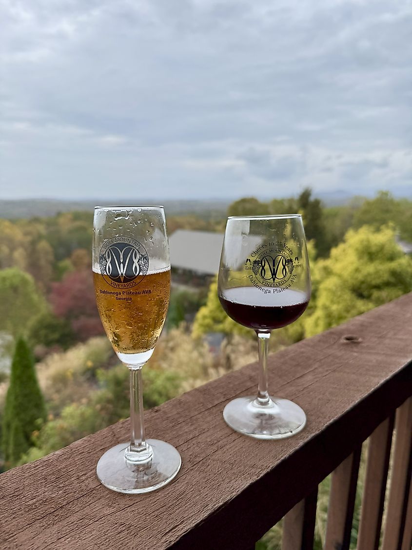 Two wine glasses overlooking a scenic vineyard in Dahlonega, Georgia,