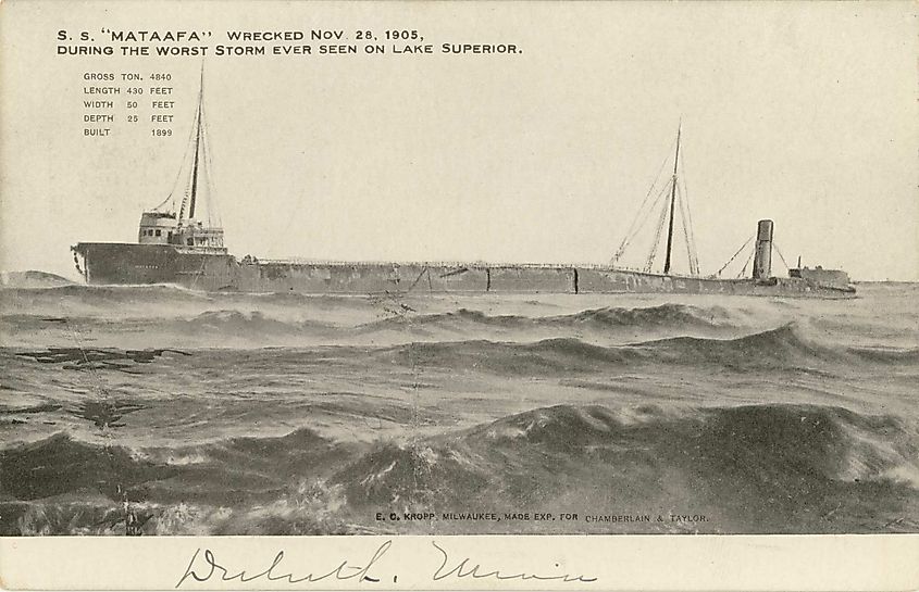 A photo postcard of the Great Lakes freighter Mataafa wrecked at the entrance to Duluth harbor.