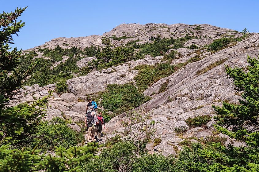 A small group of hikers ascending Mount Monadnock, at Monadnock State Park in New Hampshire. 