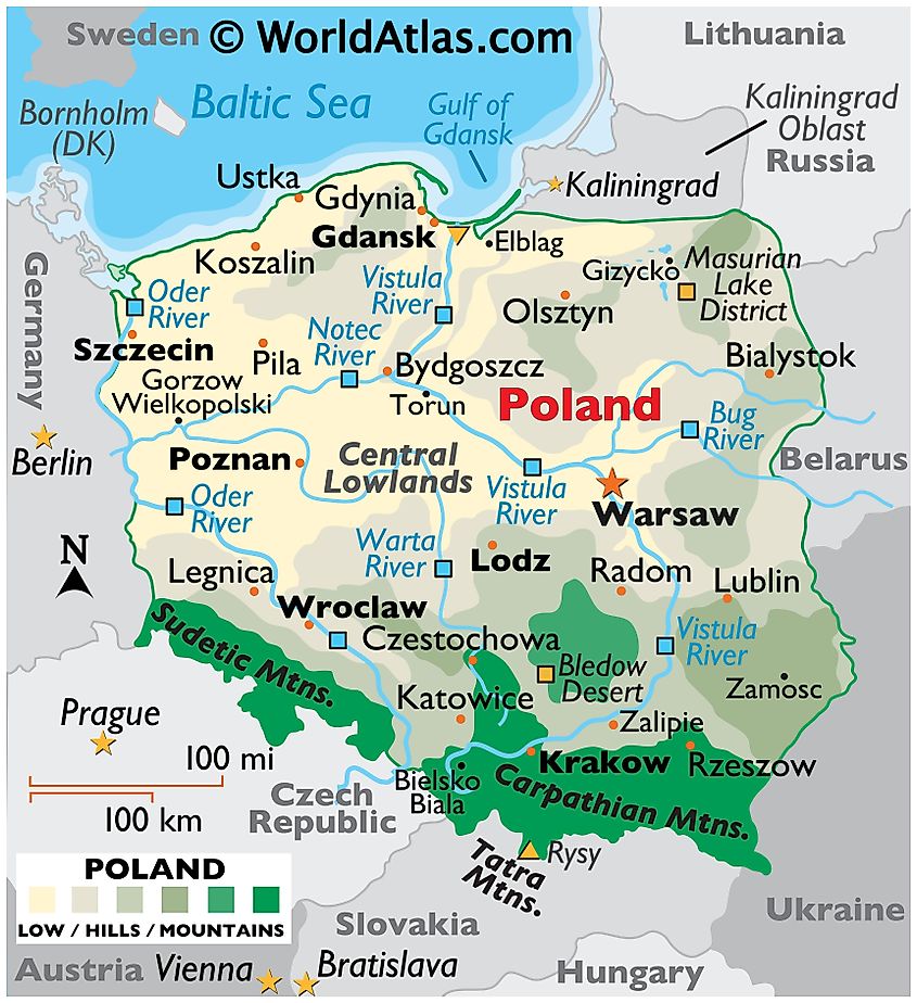 Physical map of Poland showing terrain, major rivers, and cities.