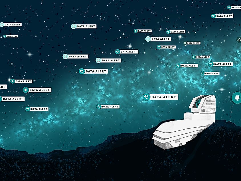 This illustration shows Rubin Observatory's alert stream, with changing objects in the night sky marked as alerts for astronomers to follow.